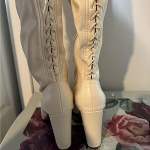 NWOT Cream Lace Up Thigh High Boots